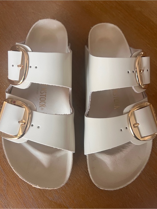 Birkenstock Shoes - Birkenstock White Double-Strap Sandals with Gold Buckles